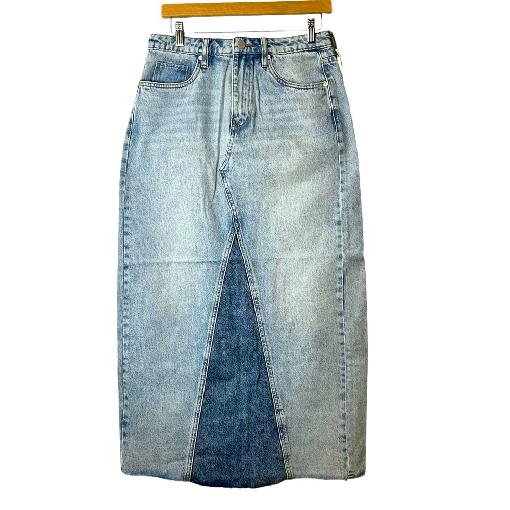 Blank NYC Denim Maxi Skirt Patchwork Raw Hem Sz 26 /8 Hippie Boho NEW